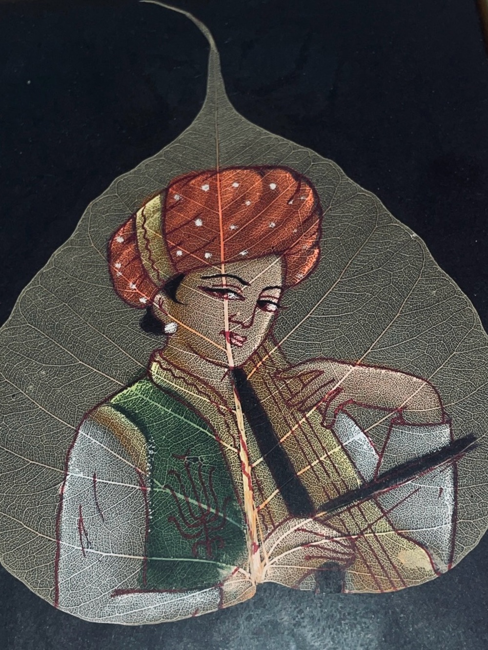 Vintage-Indian Pipal Art-hand painting on dry leaf-musician-framed